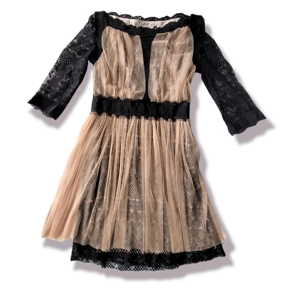 Three Seasons Dresses & Skirts - 3 Seasons Silk Black Lace Taupe Tulle Lined Mini 3/4 Sleeve Dress, XS